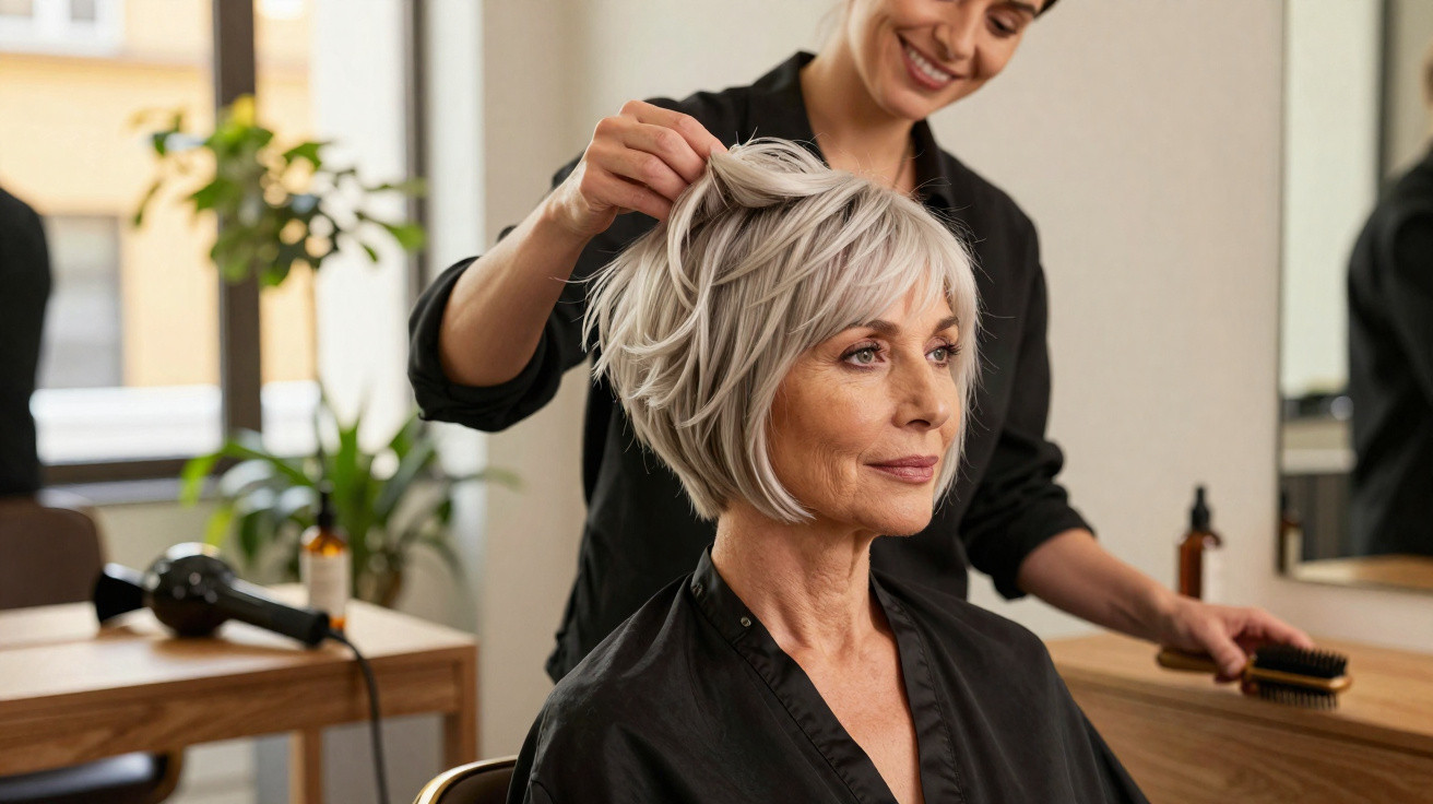 Friseurin stylt das kurze silbergraue Haar einer zufriedenen älteren Frau im modernen Friseursalon.