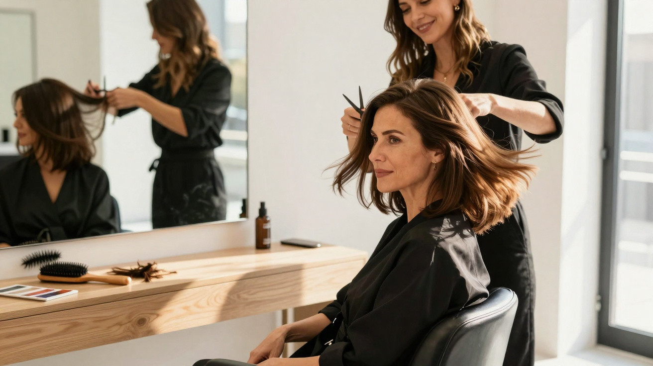 Friseurin frisiert lächelnde Kundin mit braunen Haaren in modernem, hellem Friseursalon am Spiegel.