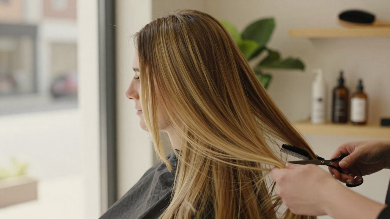 Frau mit langen blonden Haaren beim Haarschnitt im Friseursalon, Nahaufnahme seitlich am Fenster.