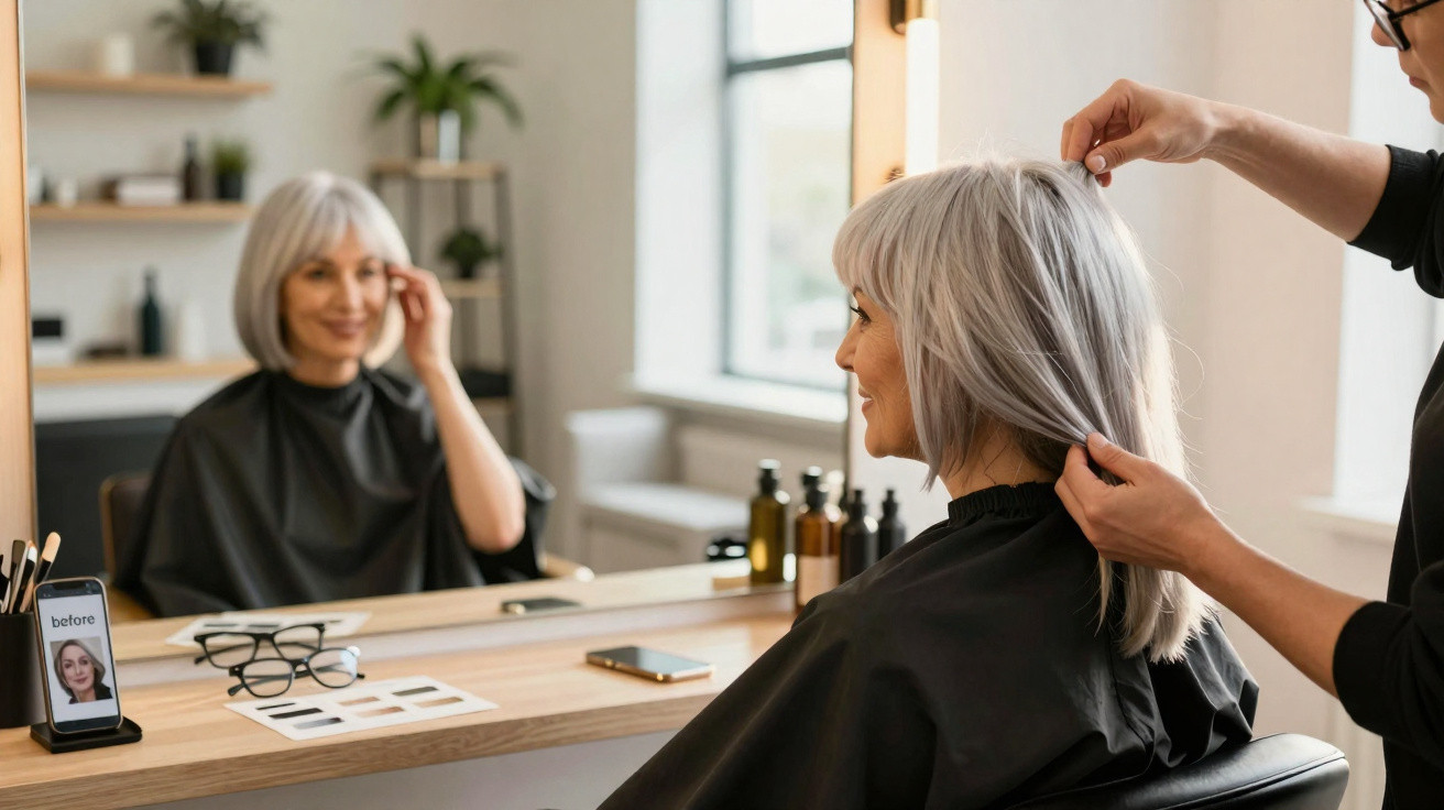 Ältere Frau mit grauen Haaren sitzt beim Friseur und betrachtet sich lächelnd im Spiegel.