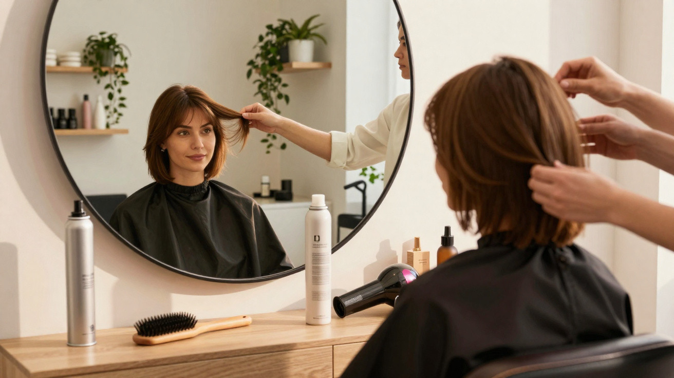Frau mit braunen Haaren sitzt beim Friseur, der ihre Haare vor einem runden Spiegel stylt.