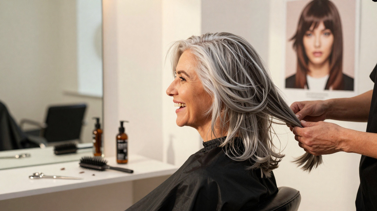 Ältere Frau mit grauen Haaren sitzt lächelnd im Friseursalon, während Stylist ihr Haar hält.