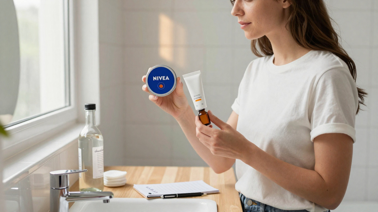 Frau hält Nivea-Creme und Tube mit Hautpflegeprodukt in heller Badezimmerumgebung.
