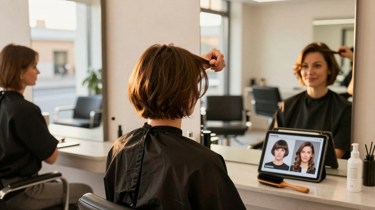 Frau im Friseursalon betrachtet im Spiegel auf Tablet Frisuren mit kurzem und langem Haar.