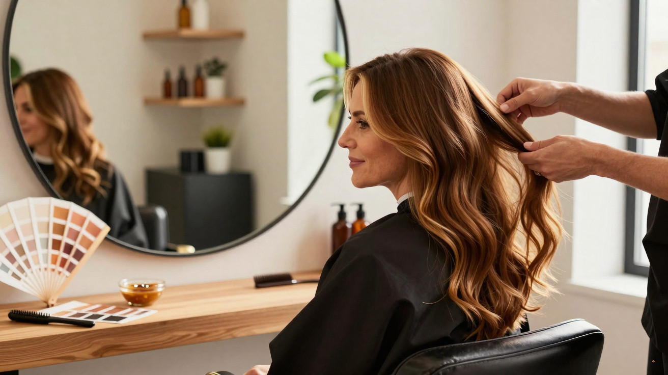 Frau im Friseursalon sitzt auf Stuhl, während Friseur ihre langen, gewellten Haare stylt.