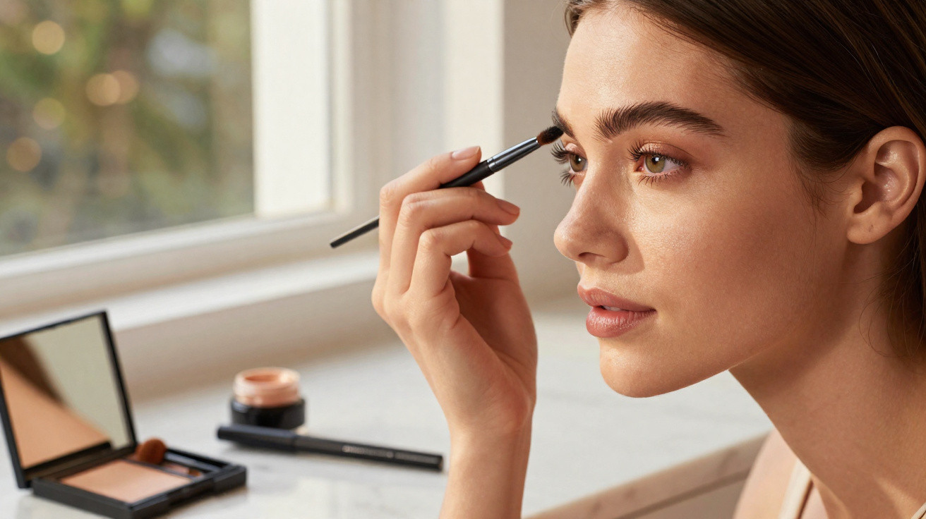 Frau trägt mit Pinsel Augenbrauen-Make-up auf, sitzend am Fenster mit Kosmetik vor sich.