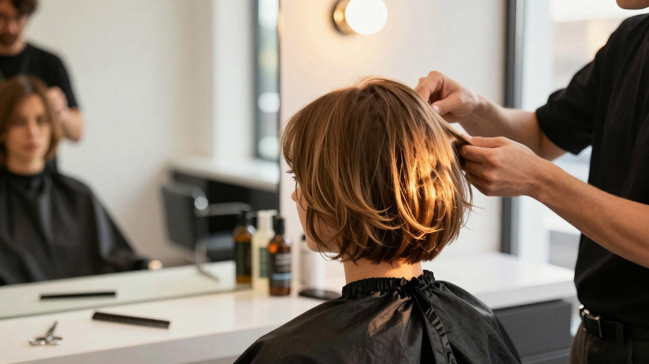 Frau mit kurzem braunem Haar sitzt im Friseursalon, während Friseur ihre Haare kämmt.