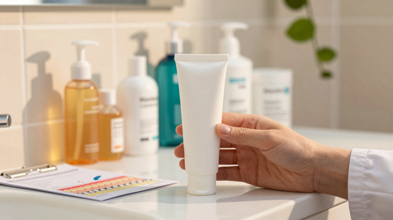 Hand hält weiße Tube mit Kosmetik- oder Hautpflegeprodukt auf Badezimmerwaschbecken, Flaschen im Hintergrund.