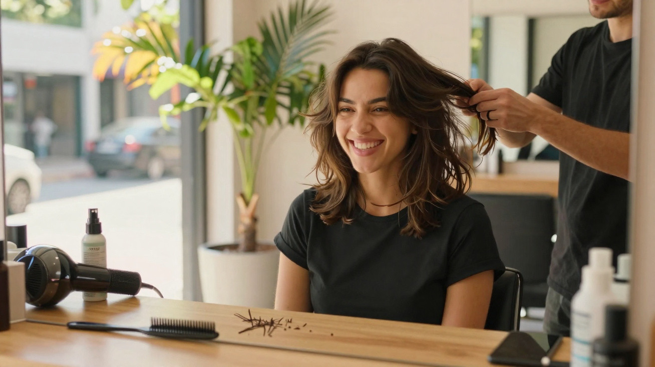 Junge Frau lächelt im Friseursalon, während Friseur ihre Haare stylt.