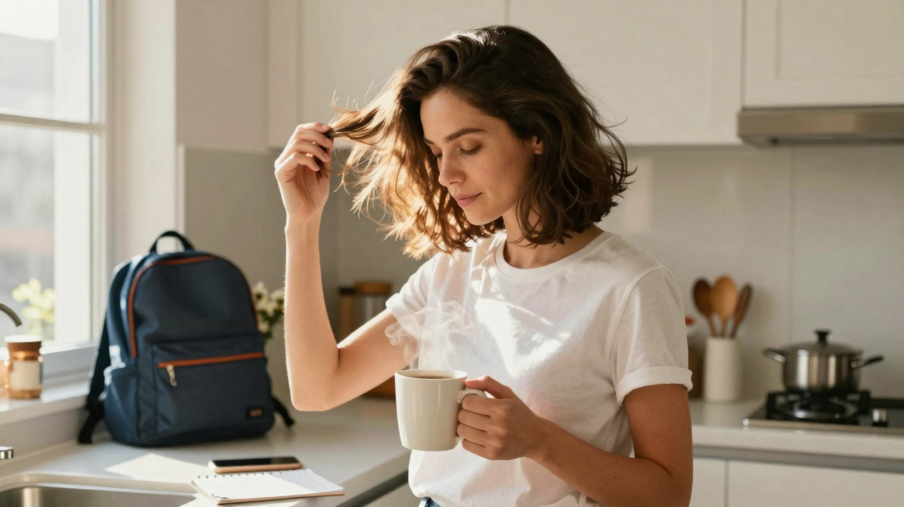 Junge Frau mit weißem T-Shirt trinkt dampfenden Kaffee in heller, moderner Küche am Fenster.