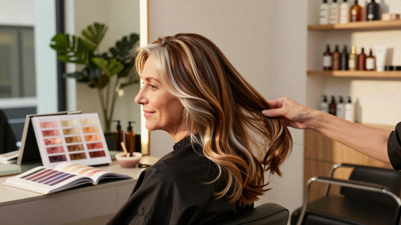 Frau mit langem, mehrfarbigem Haar beim Friseur, der Stylist hält eine Strähne in der Hand.