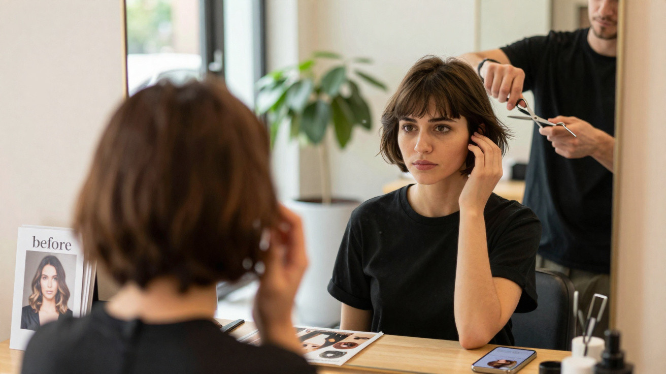 Frau mit kurzem braunem Haar beim Friseurbesuch vor Spiegel, Friseur schneidet Haare.