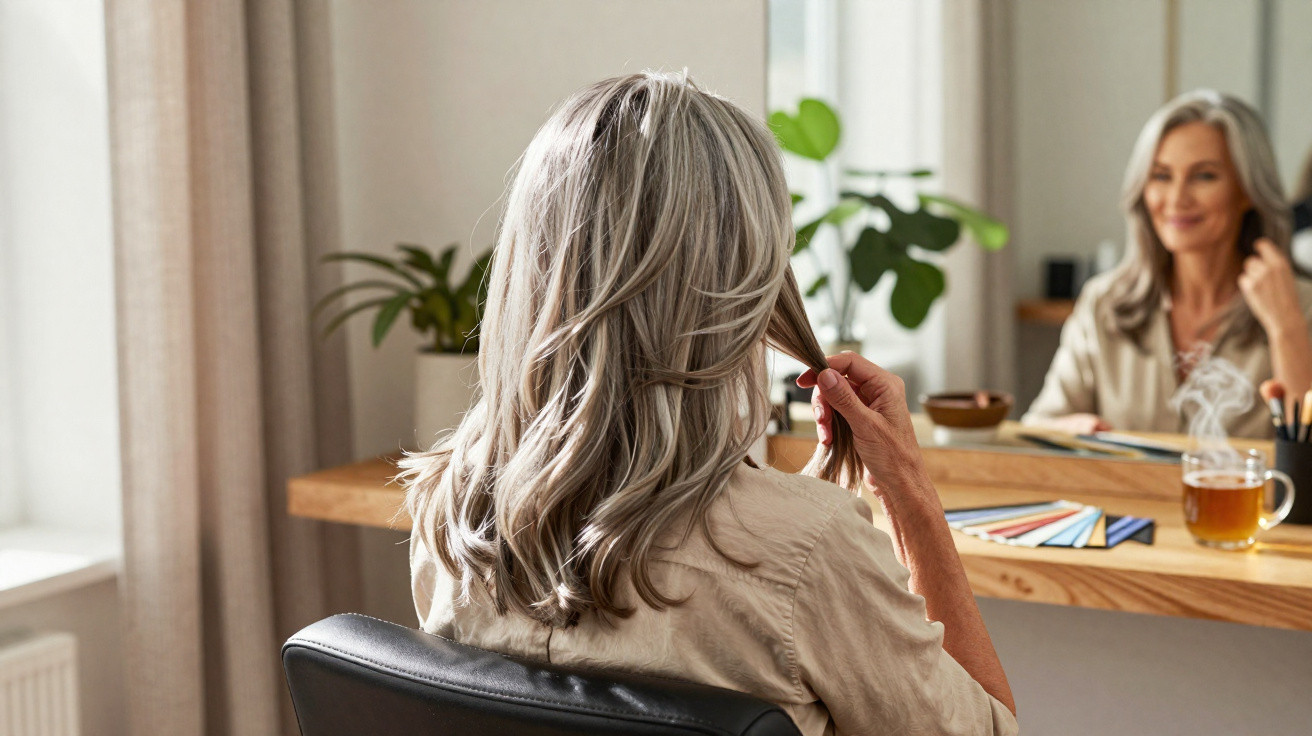 Ältere Frau mit grauem Haar betrachtet sich lächelnd im Spiegel vor einem Schreibtisch mit Pflanzen und Tee.