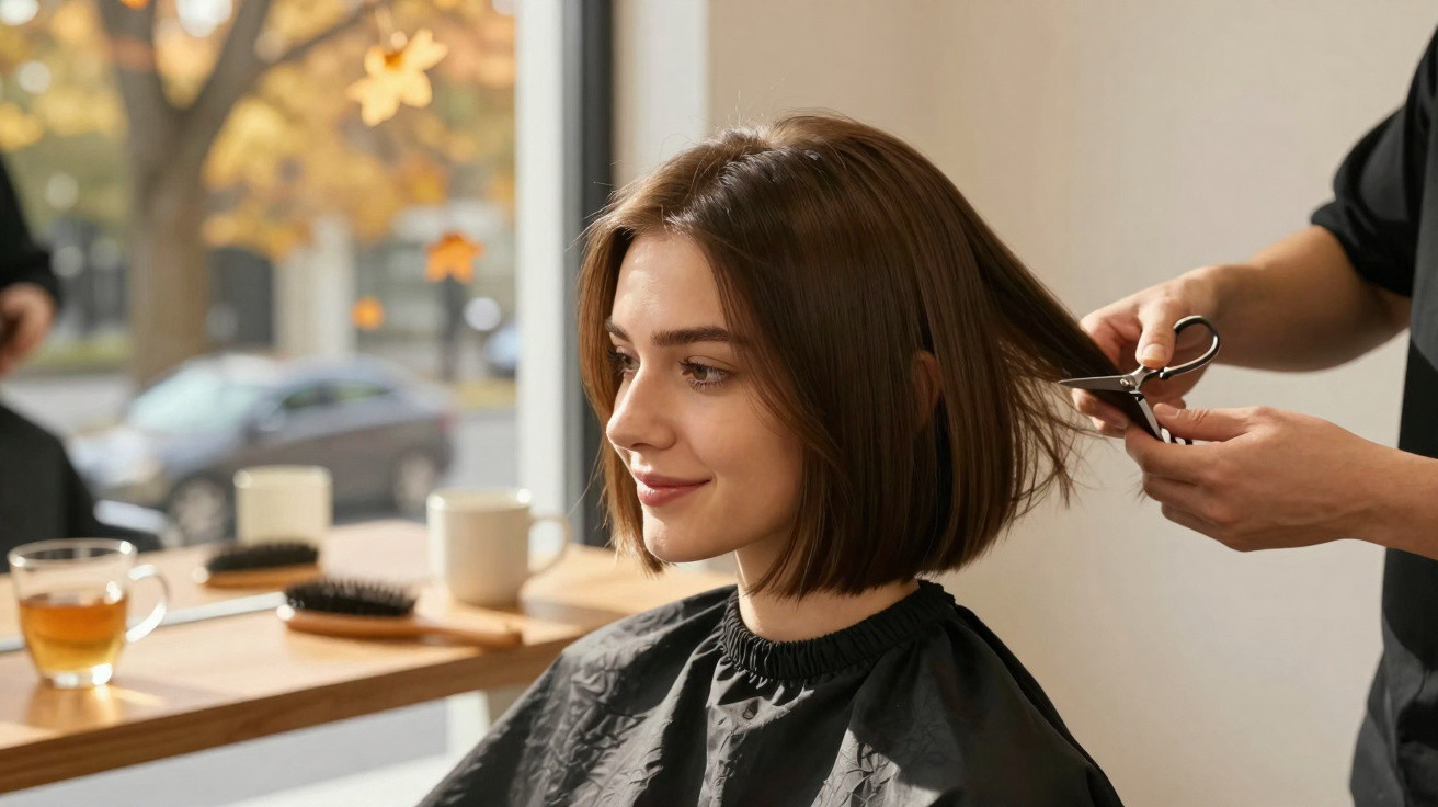 Frau bekommt im Friseursalon mit Schere einen Bob-Haarschnitt, im Hintergrund Fenster mit Herbstblick.