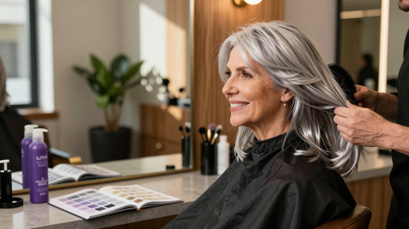 Ältere Frau mit grauen Haaren beim Friseurbesuch, während ein Friseur ihre Haare kämmt.