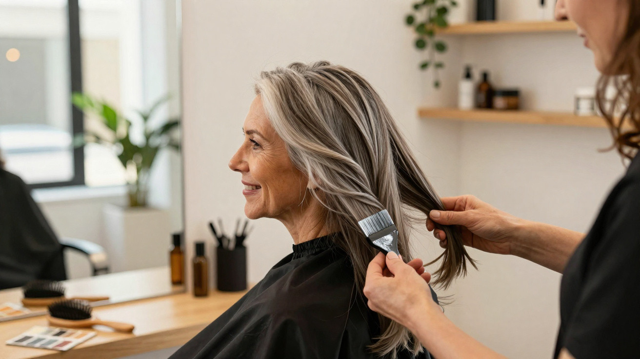 Frau mittleren Alters lächelt beim Friseur, während Haare für eine Farbbehandlung vorbereitet werden.