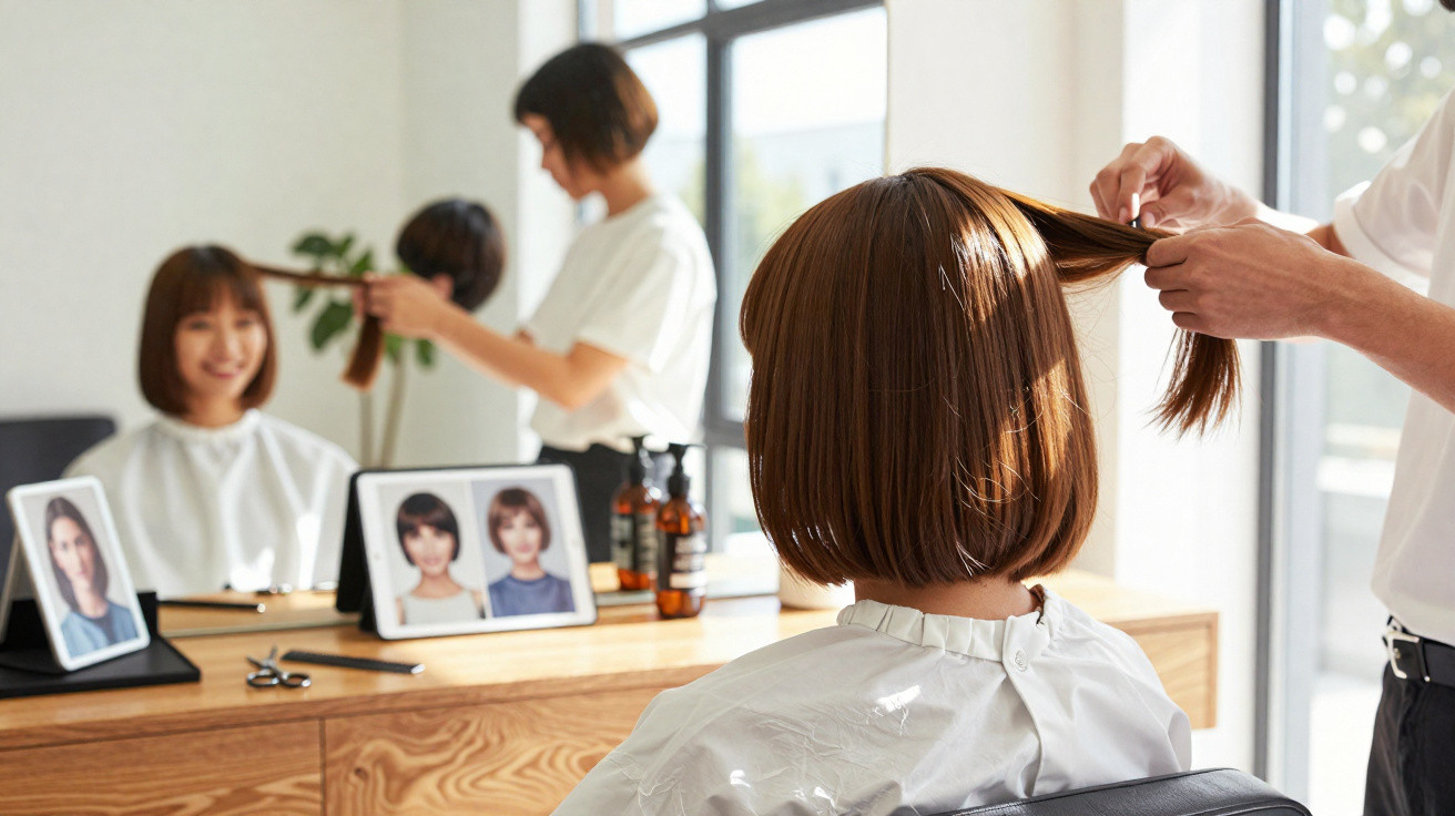 Frau im Friseursalon bekommt Kurzhaarschnitt, Stylist hält Haare, Spiegel mit Frisurenfotos sichtbar.
