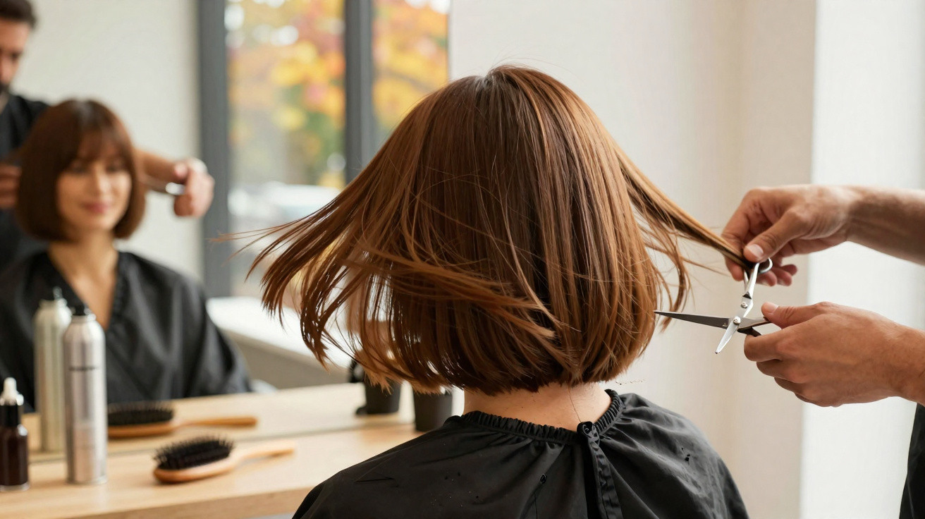 Frau mit kurzen braunen Haaren bekommt im Salon von Friseur Haarschnitt, Sicht von hinten.