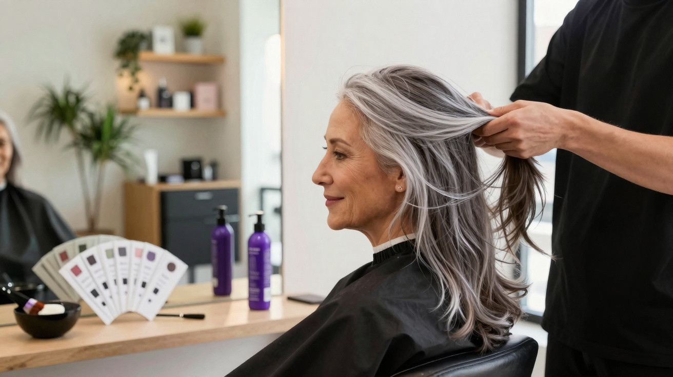 Ältere Frau im Friseursalon lässt sich von Friseur die langen grauen Haare stylen.