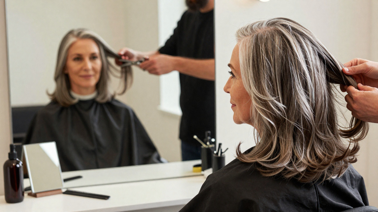 Friseurbesuch einer älteren Frau mit schulterlangem grauem Haar vor Spiegel, Friseur stylt Haare.