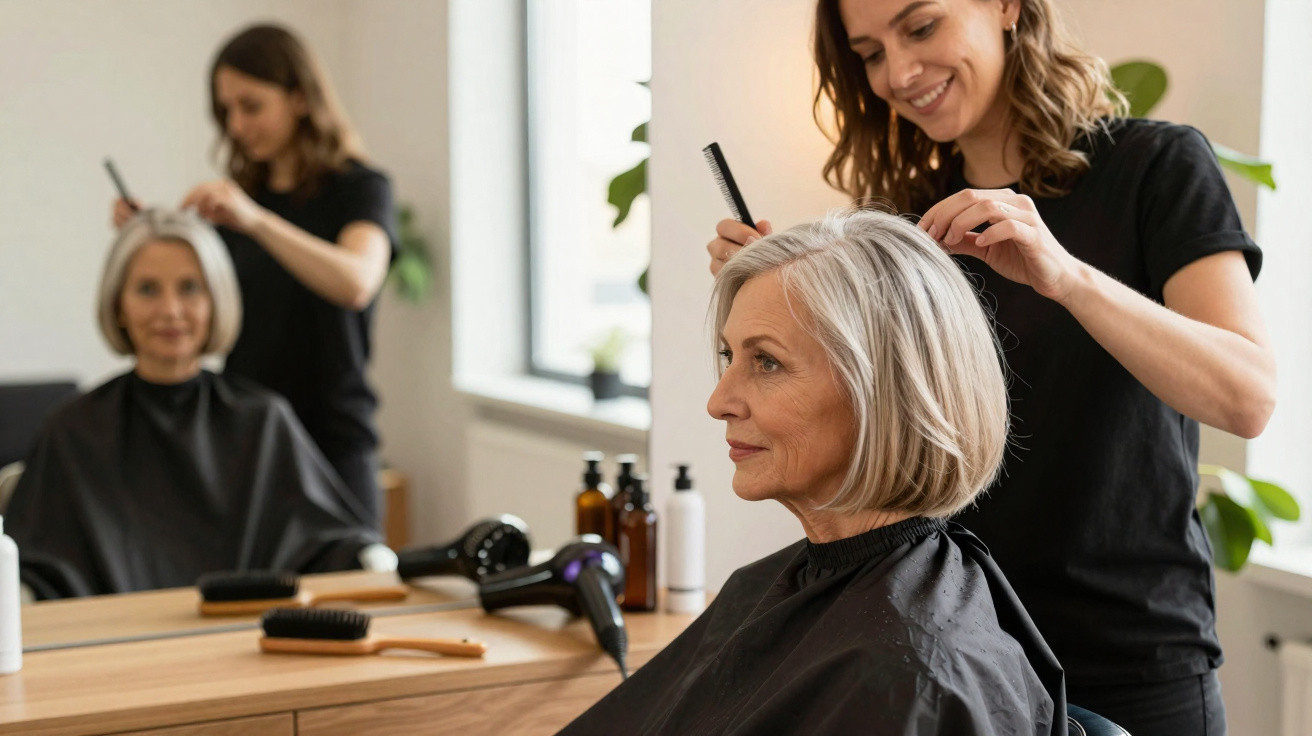 Friseurin stylt die Haare einer älteren Frau im modernen Friseursalon vor Spiegel und Fenster.