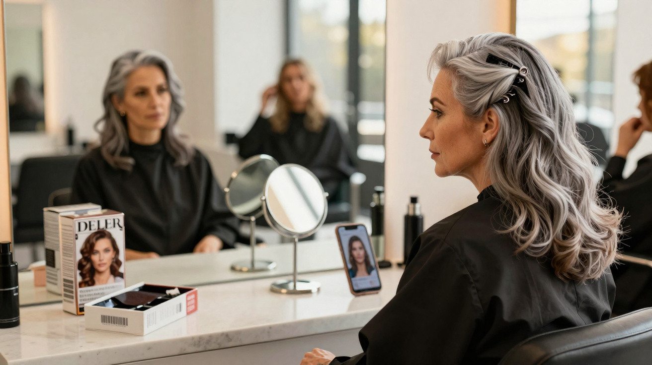 Ältere Frau mit grauen Haaren sitzt im Friseursalon vor Spiegel und Smartphone mit Bild einer Frau.
