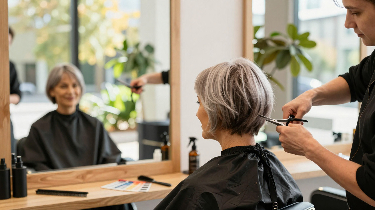 Friseurin schneidet graue Haare einer älteren Frau vor Spiegel in modernem Friseursalon.