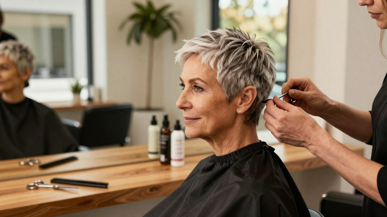 Ältere Frau mit kurzem, grauem Haar im Friseursalon, während Friseur Haare stylt.