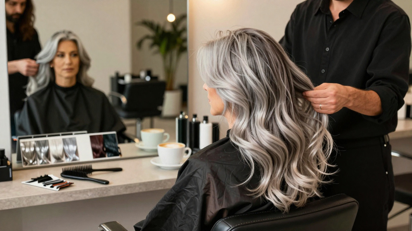 Friseurin stylt lange graue Haare einer Frau, die vor einem Spiegel im Friseursalon sitzt.