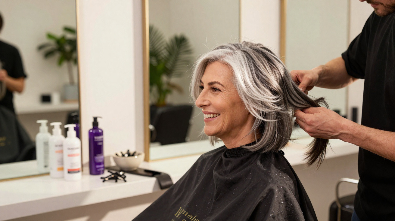 Fröhliche ältere Frau bekommt im Friseursalon eine neue Frisur verpasst, Haare werden vom Friseur gehalten.