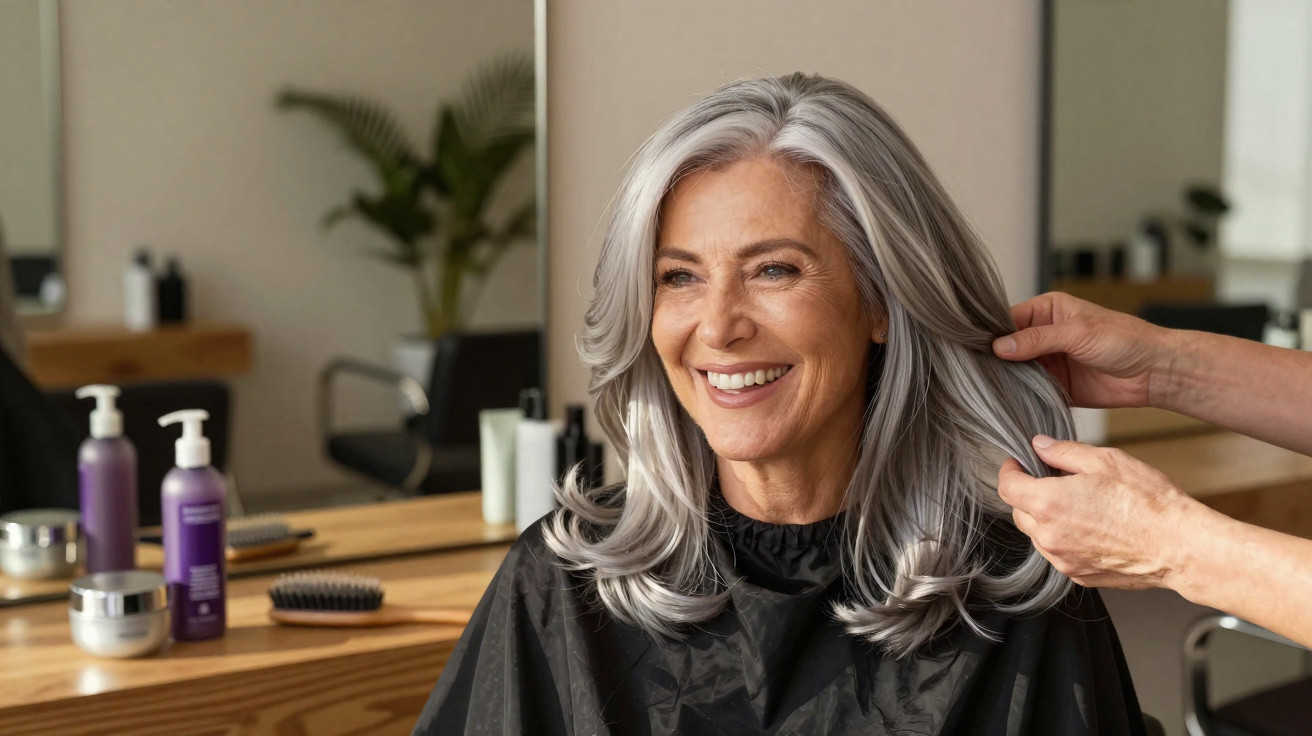 Ältere Frau mit grauem Haar lächelt im Friseursalon, während Friseur ihre Haare stylt.