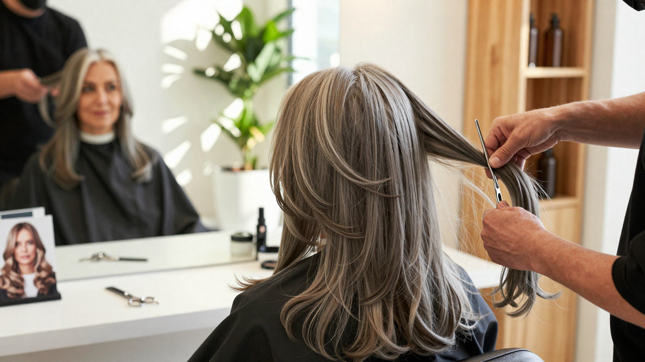 Frau mit grauen Haaren bekommt im Friseursalon einen Haarschnitt von einem Friseur.