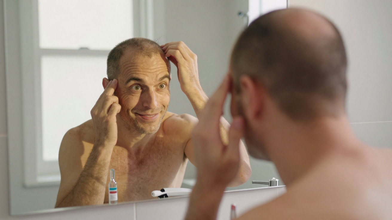 Mann betrachtet lachend seine haarlose Kopfhaut im Badezimmerspiegel und berührt seinen Kopf.