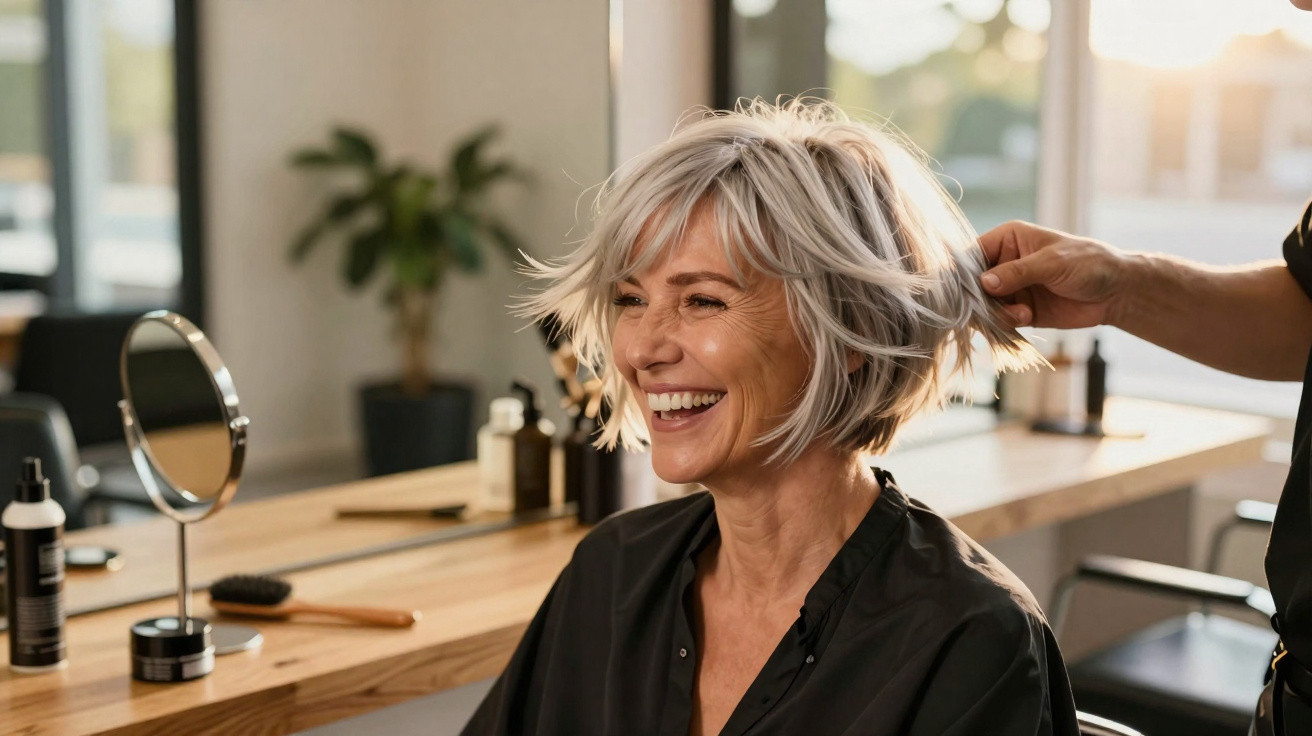 Fröhliche ältere Frau mit kurzen silbernen Haaren beim Friseur im modernen Salon, Hände stylen ihr Haar.