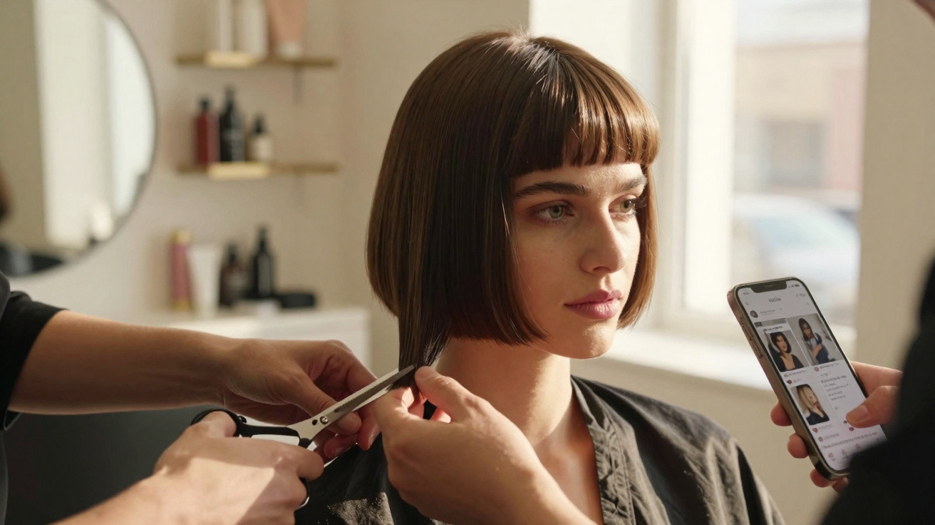 Frau mit kurzem Bobhaarschnitt bekommt im Friseursalon Haarschnitt, während eine weitere Person Frisur am Handy zeigt.