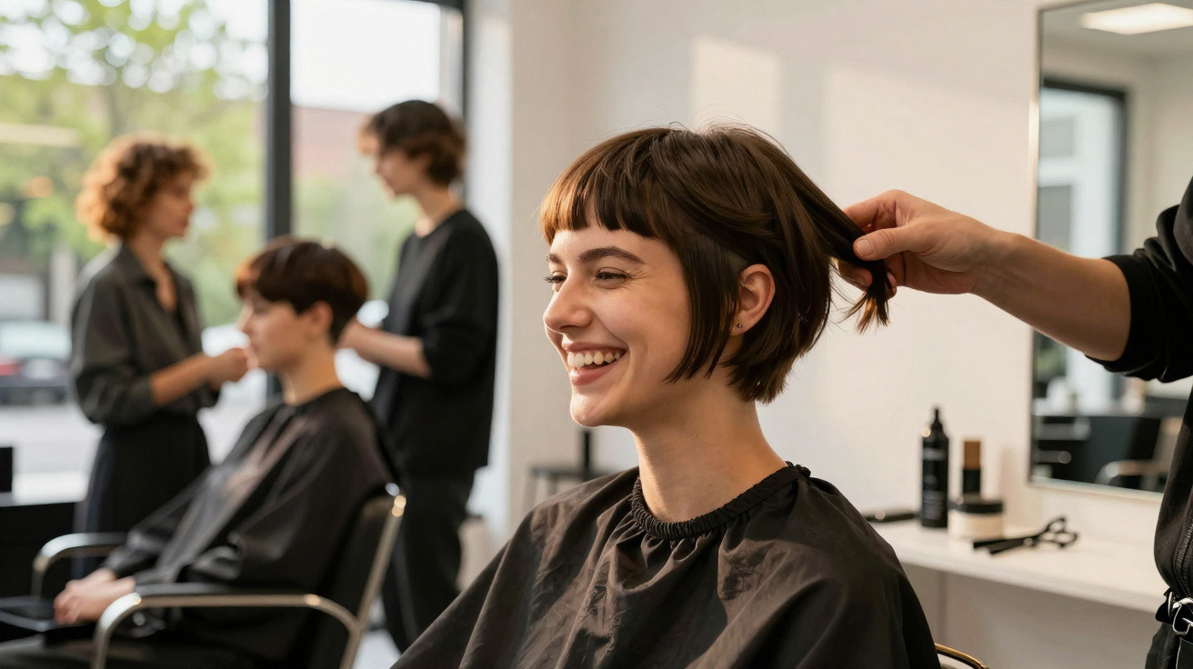 Zufriedene Frau bekommt im Friseursalon neue Frisur, im Hintergrund weitere Kunden und Friseure.
