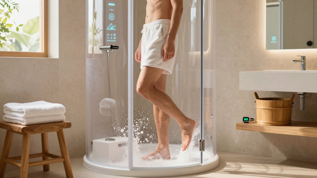 Mann in weißer Badehose steht in moderner, runder Duschkabine mit digitaler Steuerung in elegantem Badezimmer.