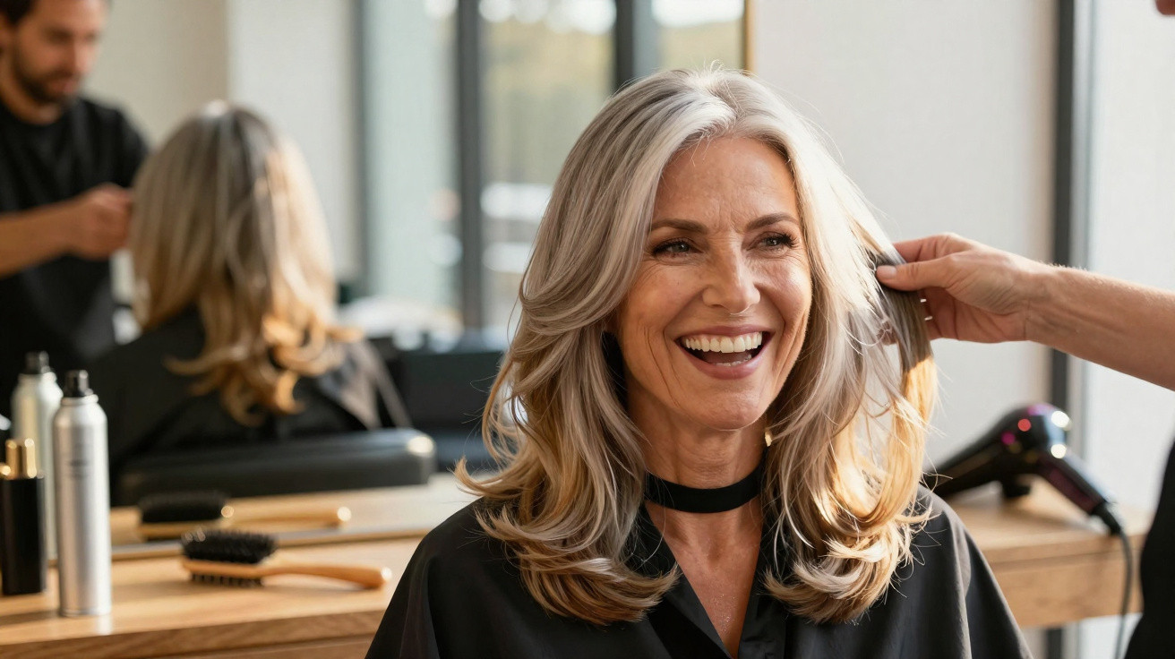 Ältere Frau mit grauen Haaren, lächelnd beim Friseurbesuch, Friseur stylt ihre Haare.