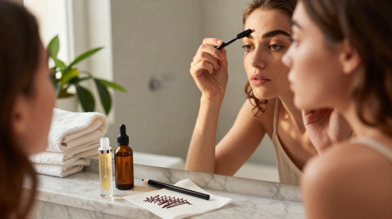 Frau trägt im Badezimmer vor Spiegel mit Bürste Augenbrauen-Make-up auf, Pflegeprodukte stehen bereit.