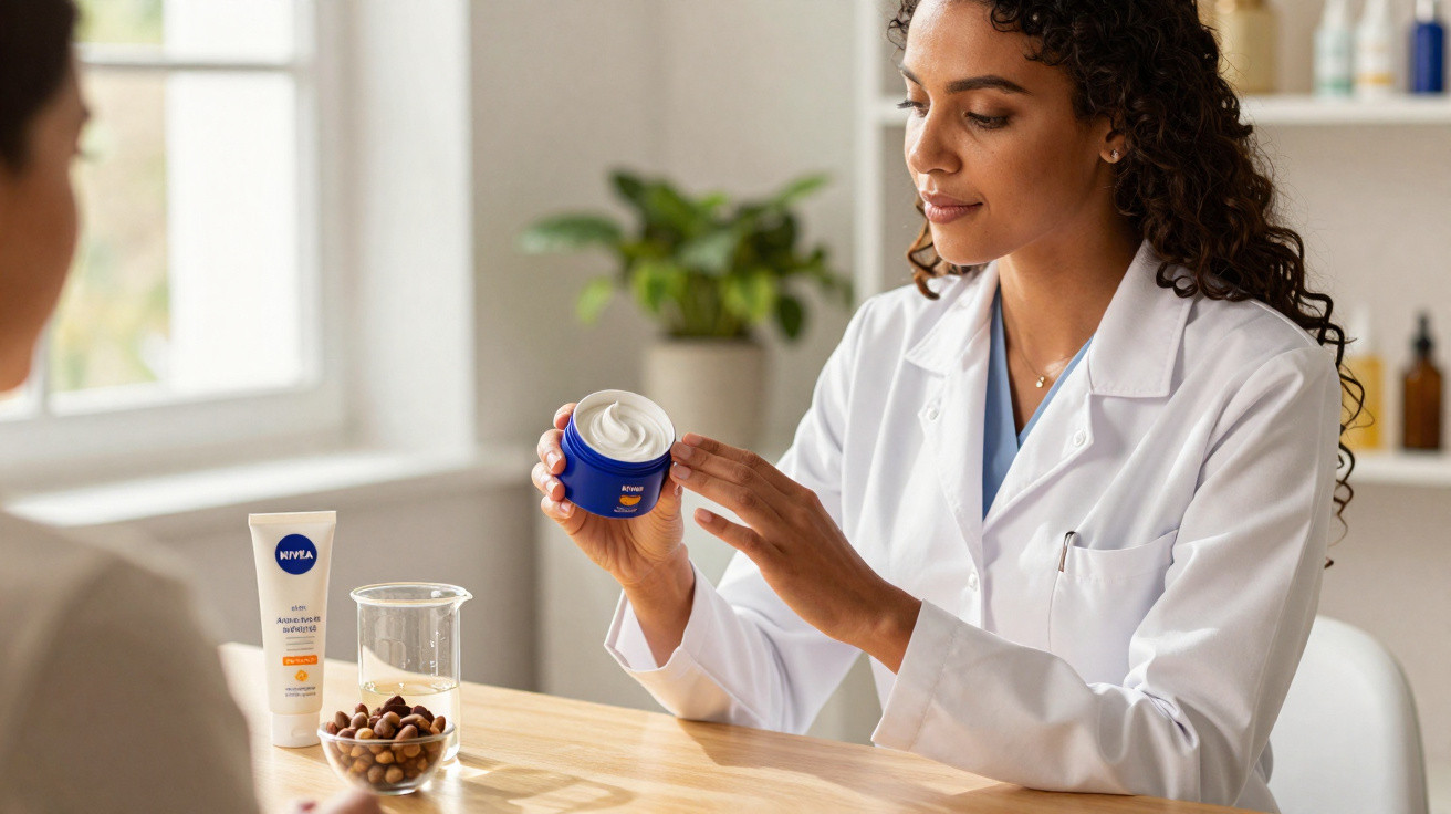Ärztin erklärt Frau die Anwendung von Nivea Hautcreme in heller Beratungssituation am Tisch