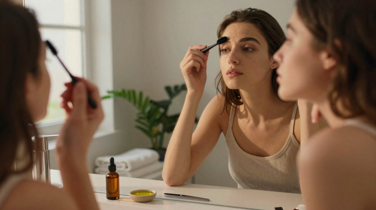 Frau trägt Augenbrauen-Make-up auf und schaut in den Badezimmerspiegel, Pflegeprodukte auf der Ablage.