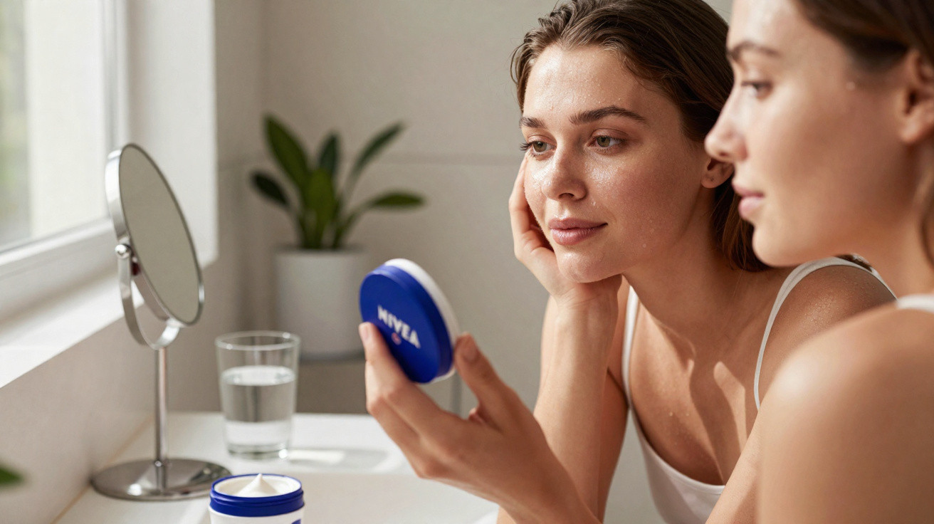 Frau betrachtet entspannt ihr Gesicht im Spiegel und hält eine Dose Nivea Creme in der Hand.
