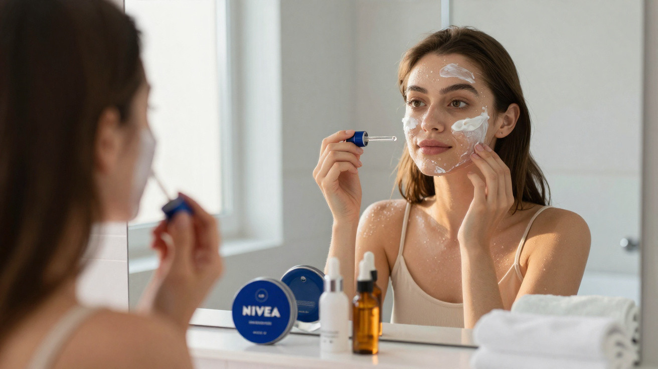 Frau trägt Gesichtscreme auf, im Badezimmer vor Spiegel mit Nivea-Produkten und Pflegeflaschen auf der Ablage.