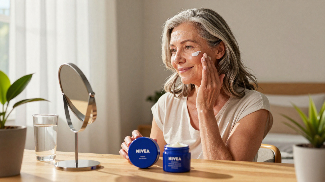 Ältere Frau cremt sich mit Nivea-Gesichtspflege ein, sitzt an einem Tisch vor einem Spiegel.
