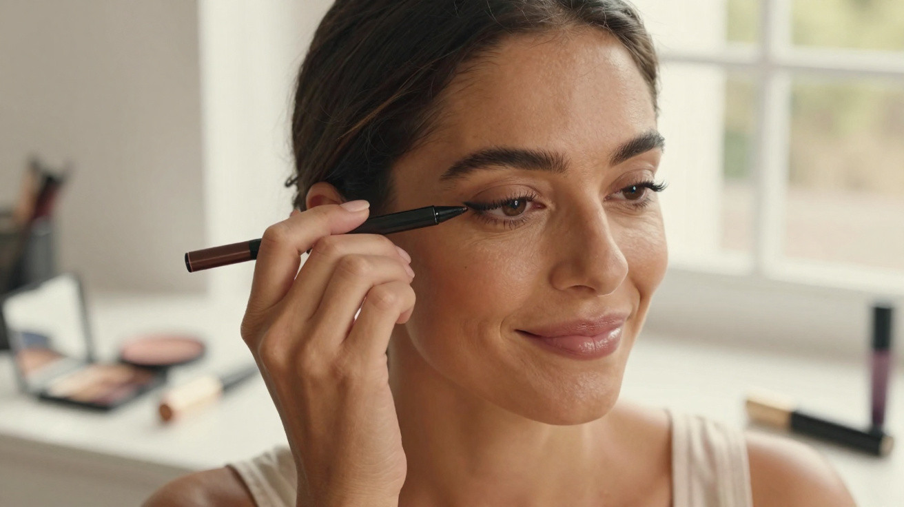 Frau trägt braunen Eyeliner auf und lächelt vor einem Fenster mit Make-up-Produkten im Hintergrund auf.