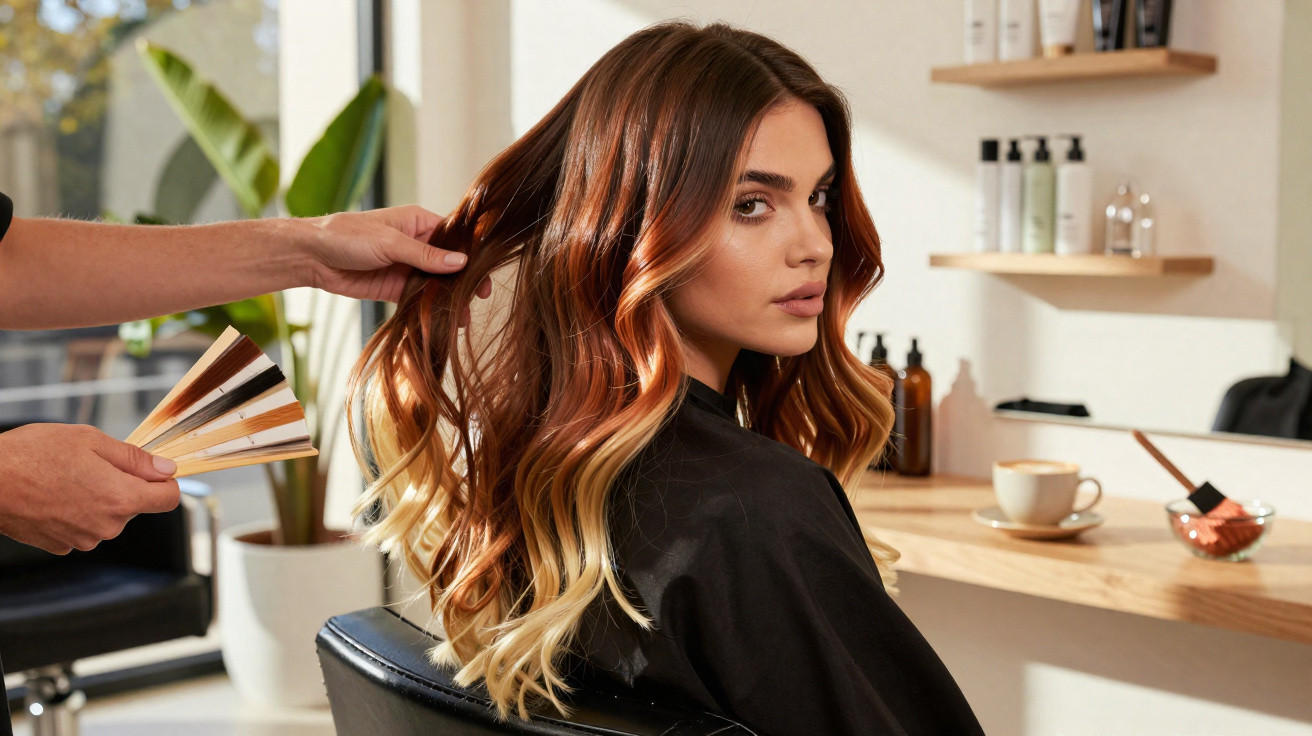 Frau im Friseursalon mit langem, ombré gefärbtem Haar, Friseur hält Farbfächer neben ihr.
