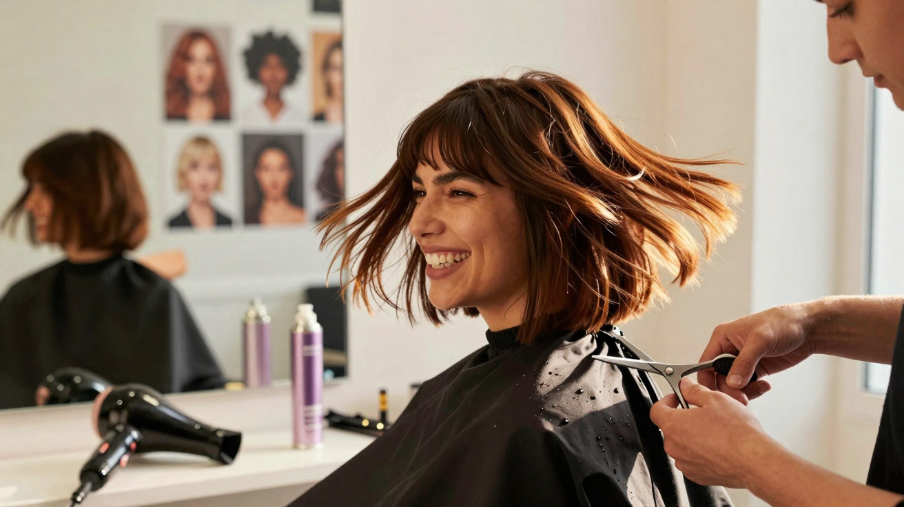 Frau beim Friseur, die lächelnd ihre frisch geschnittenen Haare betrachtet, während Haare fliegen.