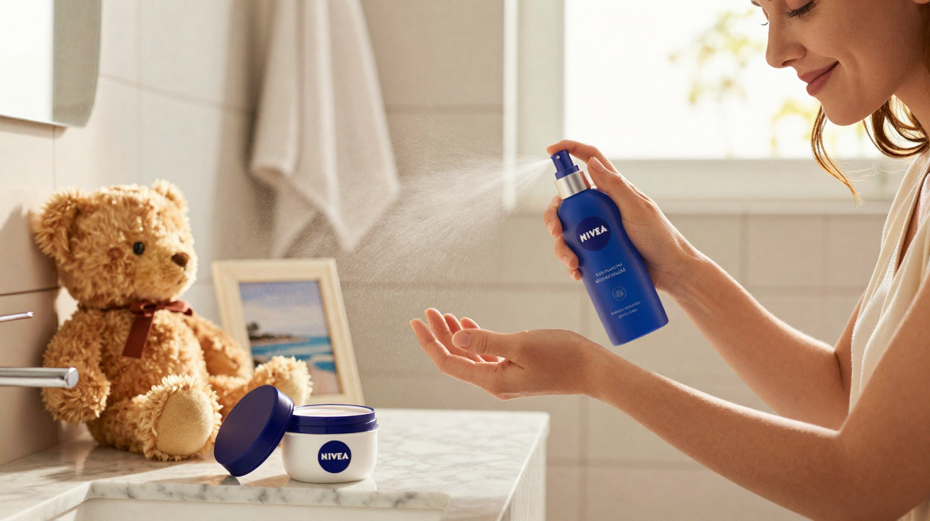 Frau sprüht Nivea Hautpflege auf ihre Hand in einem hellen Badezimmer mit Teddybär im Hintergrund.