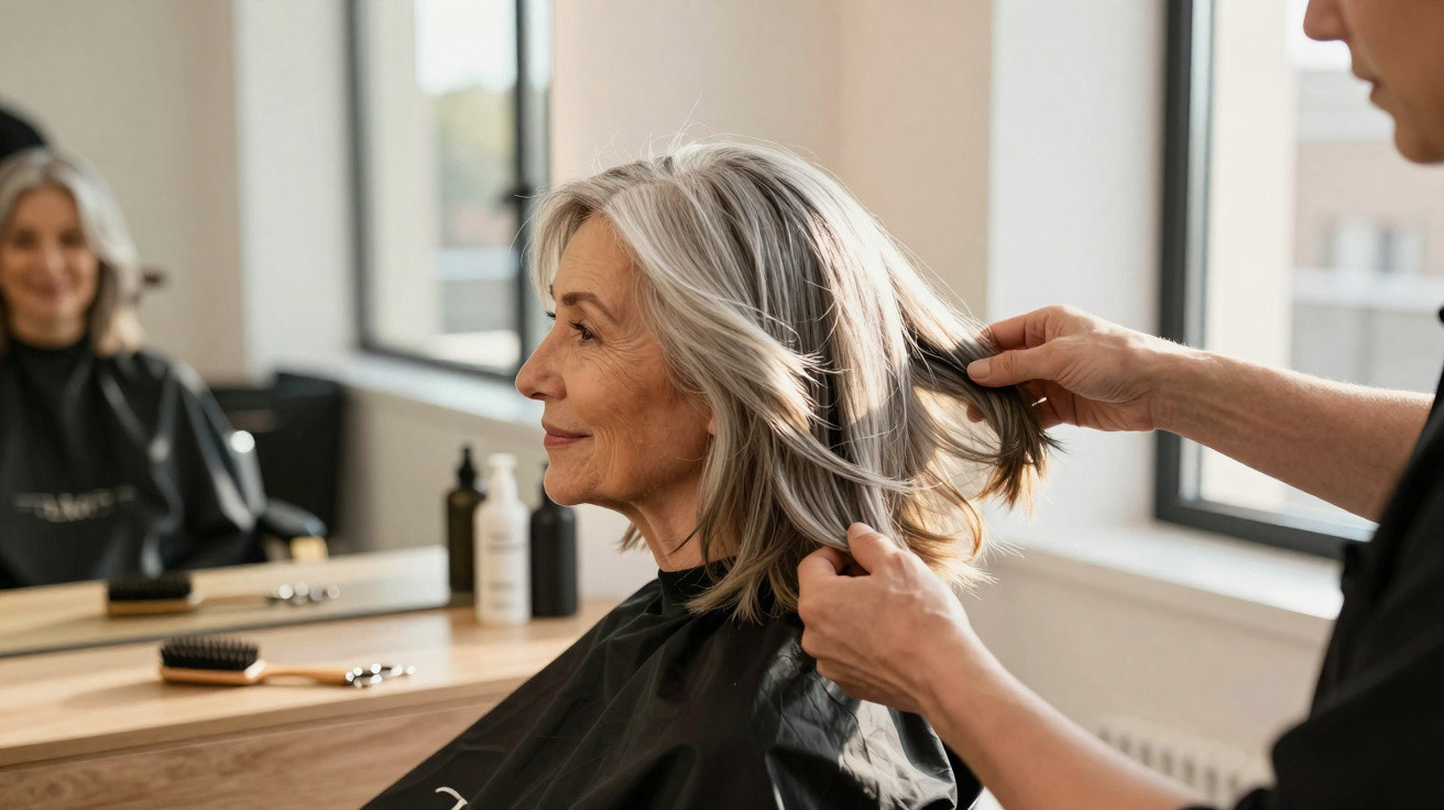 Ältere Frau mit schulterlangem grauem Haar beim Friseurbesuch, Friseur stylt ihr Haar.