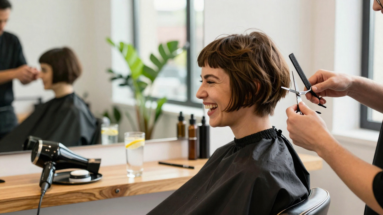 Frau lächelt beim Frisör, während ihr die Haare kurz geschnitten werden, ein Spiegel und Haartrockner sind sichtbar.